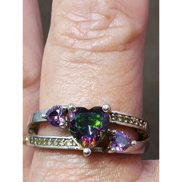 Heart-Shaped Mystic Topaz & Amethyst 925‎ Sterling Silver Ring - Picture 2 of 5
